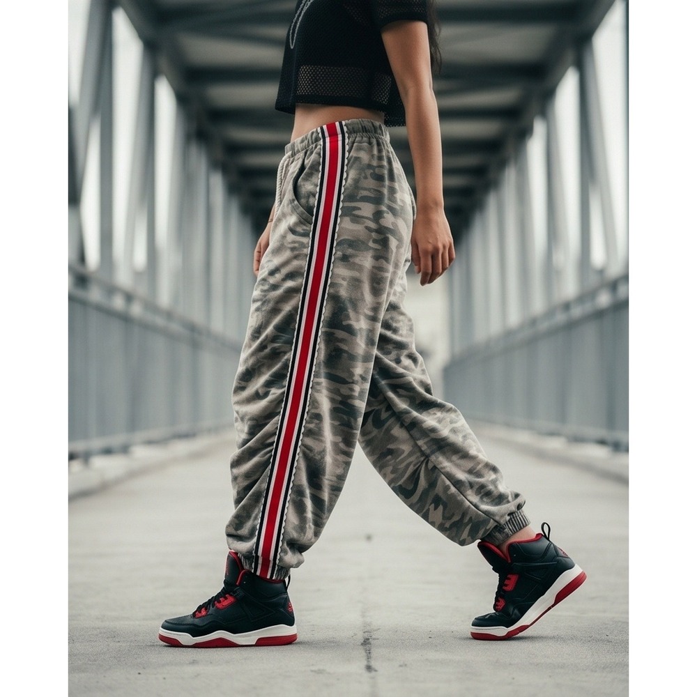 POL M Camo Joggers Womens Medium Camouflage Side Stripe Rope Urban Boutique